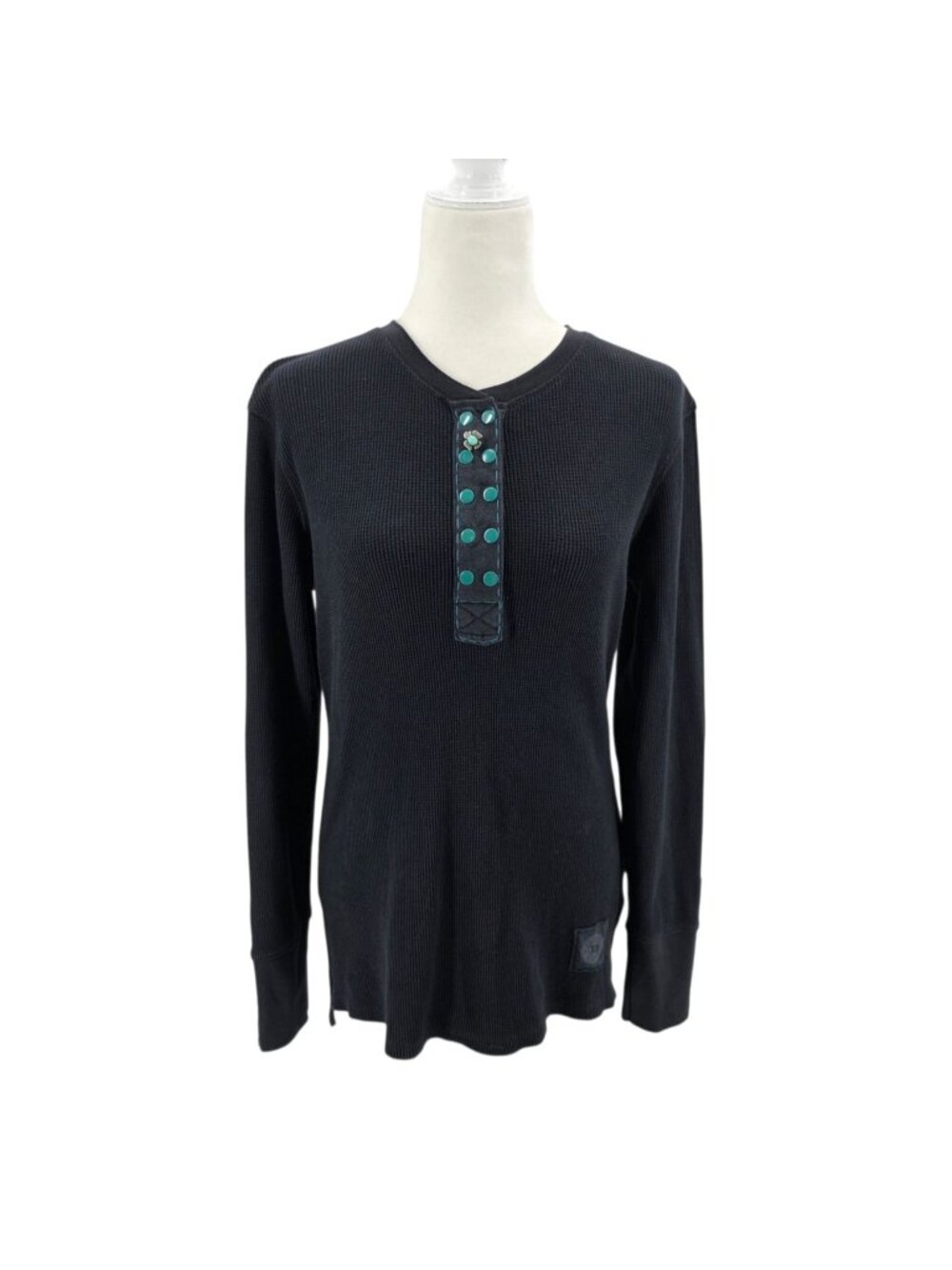 Double D Ranch Womens Small Top Henley Thermal Waffle Knit Snap Button Western